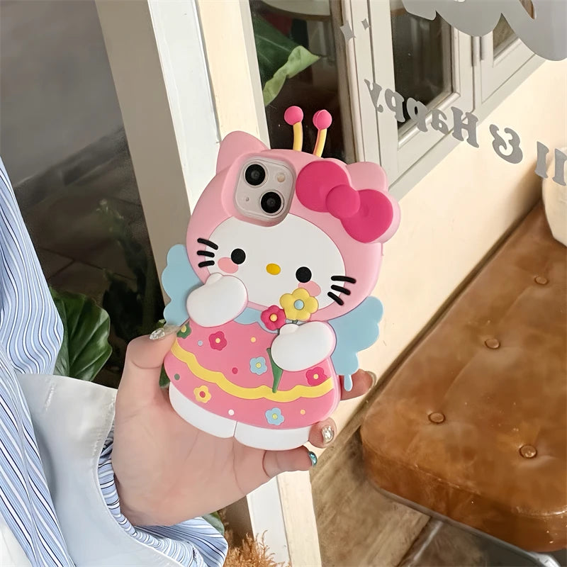 Capa para iPhone  – Capa 3D Hello Kitty com Flores, Anti-Queda, Capa de Silicone Macio